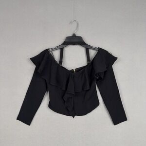 Intermix Shirt Womens Petite Black Off Shoulder Ruffle Cropped Zip Top Cute